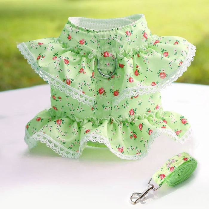 Floral Dog Dress With Lace Trim And Matching Leash