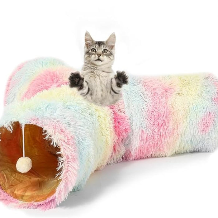 Round Plush Pet Bed With Tunnel Hideout