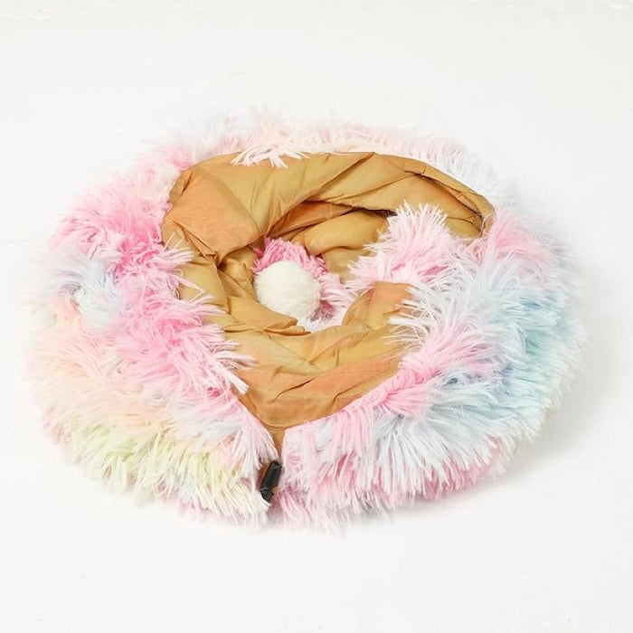 Round Plush Pet Bed With Tunnel Hideout