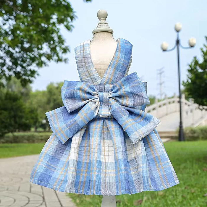 Plaid Dog Dress Bow Tie Harness Leash Set For Small Dogs Pet Outfits