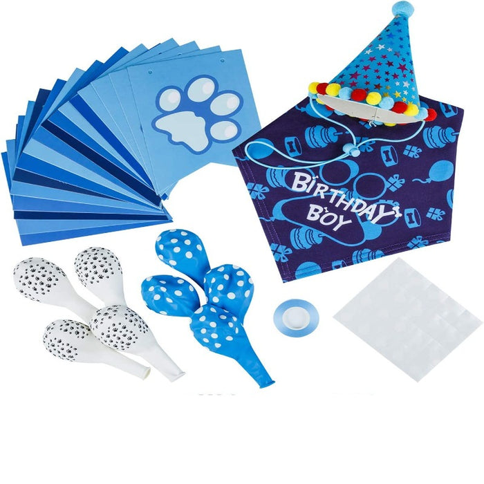 Dog Birthday Bandana, Dog Birthday Boy Hat Scarfs Flag Balloon With Cute-Doggie Birthday Party Supplies Decorations (11-Piece Set)