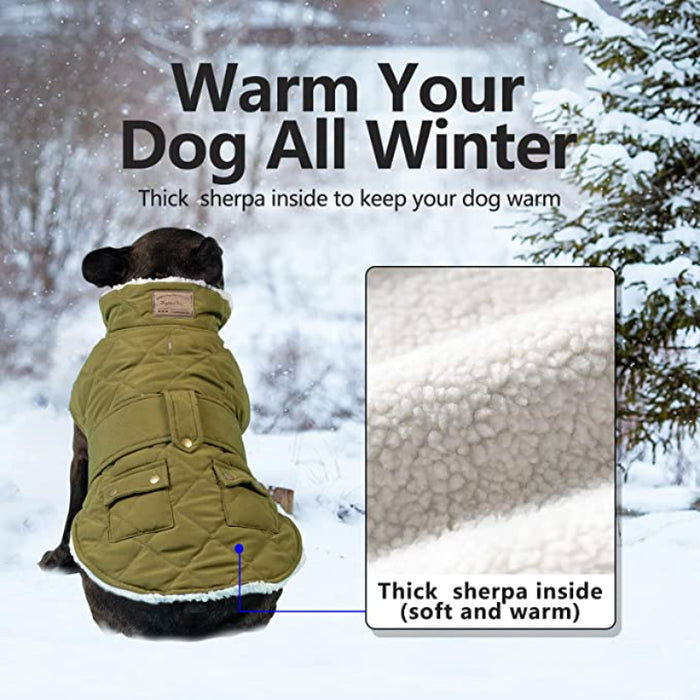 Dog Cold Weather Coats Cozy Windproof Padded Sherpa Warm Dog Green Jacket For Small Dogs With Furry Collar Dog Apparel