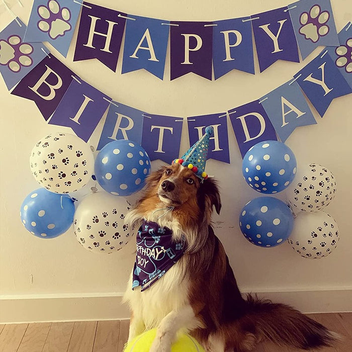 Dog Birthday Bandana, Dog Birthday Boy Hat Scarfs Flag Balloon With Cute-Doggie Birthday Party Supplies Decorations (11-Piece Set)
