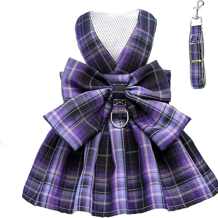 Plaid Dog Dress Bow Tie Harness Leash Set For Small Dogs Pet Outfits