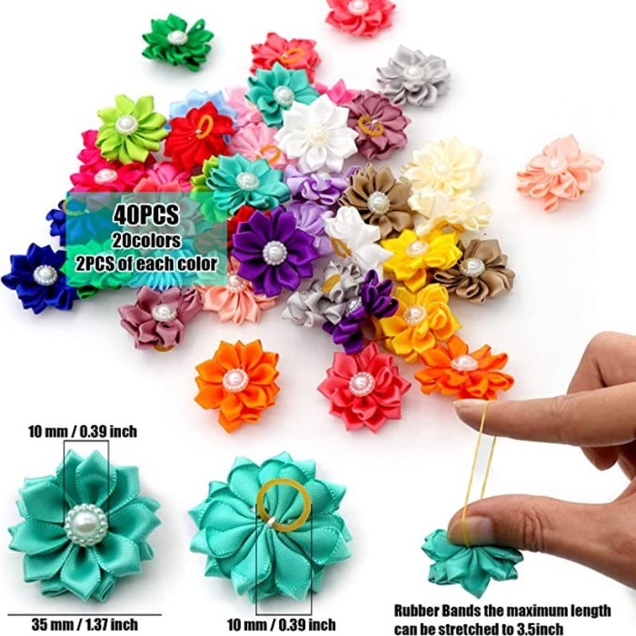 40PCS (20Pairs) Dog Hair Bows With Rubber Bands Pearls Flowers Topknot Dog Bows Pet Grooming Products 20 Colors