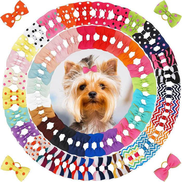 Puppy Bows with Rubber Band Pet Grooming Bows Colored Polka Dot Dog Hair Accessories for Small Dog - 50 Pairs