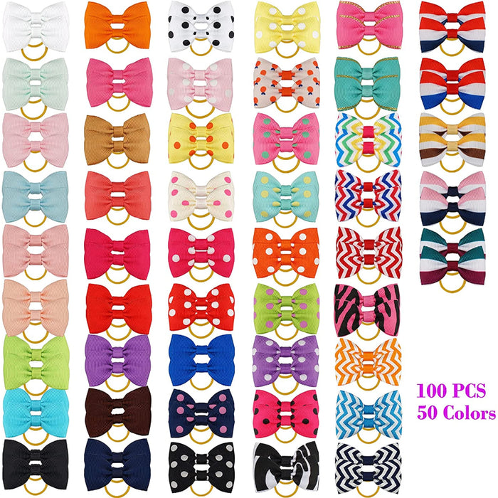 Puppy Bows with Rubber Band Pet Grooming Bows Colored Polka Dot Dog Hair Accessories for Small Dog - 50 Pairs