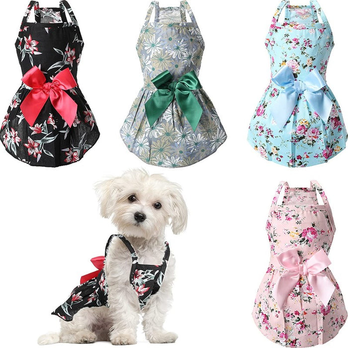 4 Pieces Dog Bowknot Floral Dress Pet Princess Dress Dog Sundress Dog Princess Dress Puppy Summer Dress for Small Pets Dogs Puppy Cats