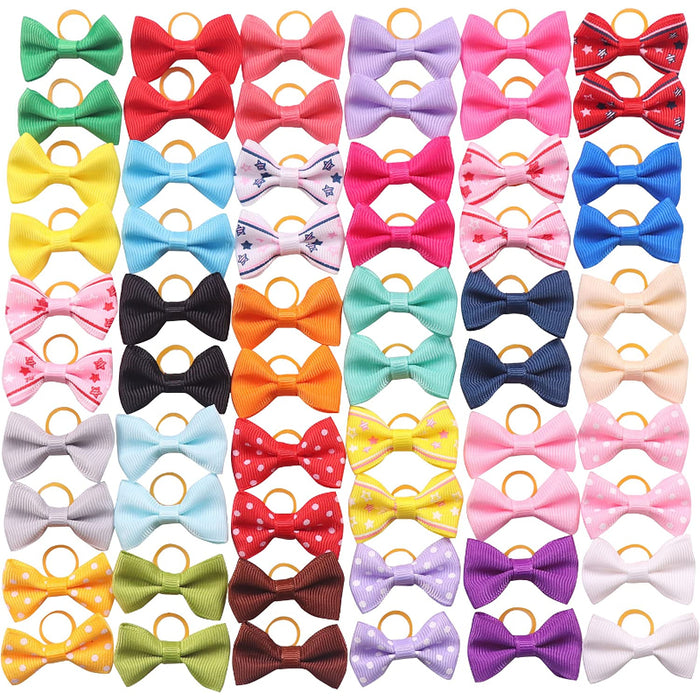 Puppy Dog Small Bowknot Hair Bows with Rubber Bands Handmade Hair Accessories Bow Pet Grooming Products (60 Pcs, Cute Patterns) (Rubber Bands Style 1)