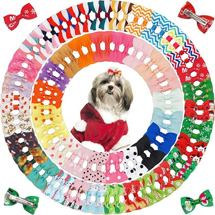 100PCS Dog Hair Clips, Puppy Bows For Small Dog, Holiday Handmade Dog Bows Pet Grooming Accessories For Doggies Poodle Teddy Shih Tzu (50 Pairs)