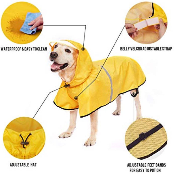 Dog raincoat with adjustable belly strap and leash hole