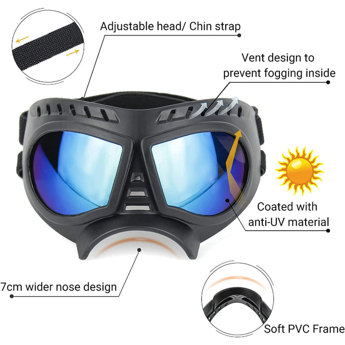 Dog Goggles Medium-Large Dog UV Sunglasses Windproof Snowproof Soft Frame Glasses for Long Snout Dogs Eyes Protection, Black