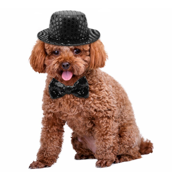Black Sequins Top Hat With Bow Tie Set For Dogs